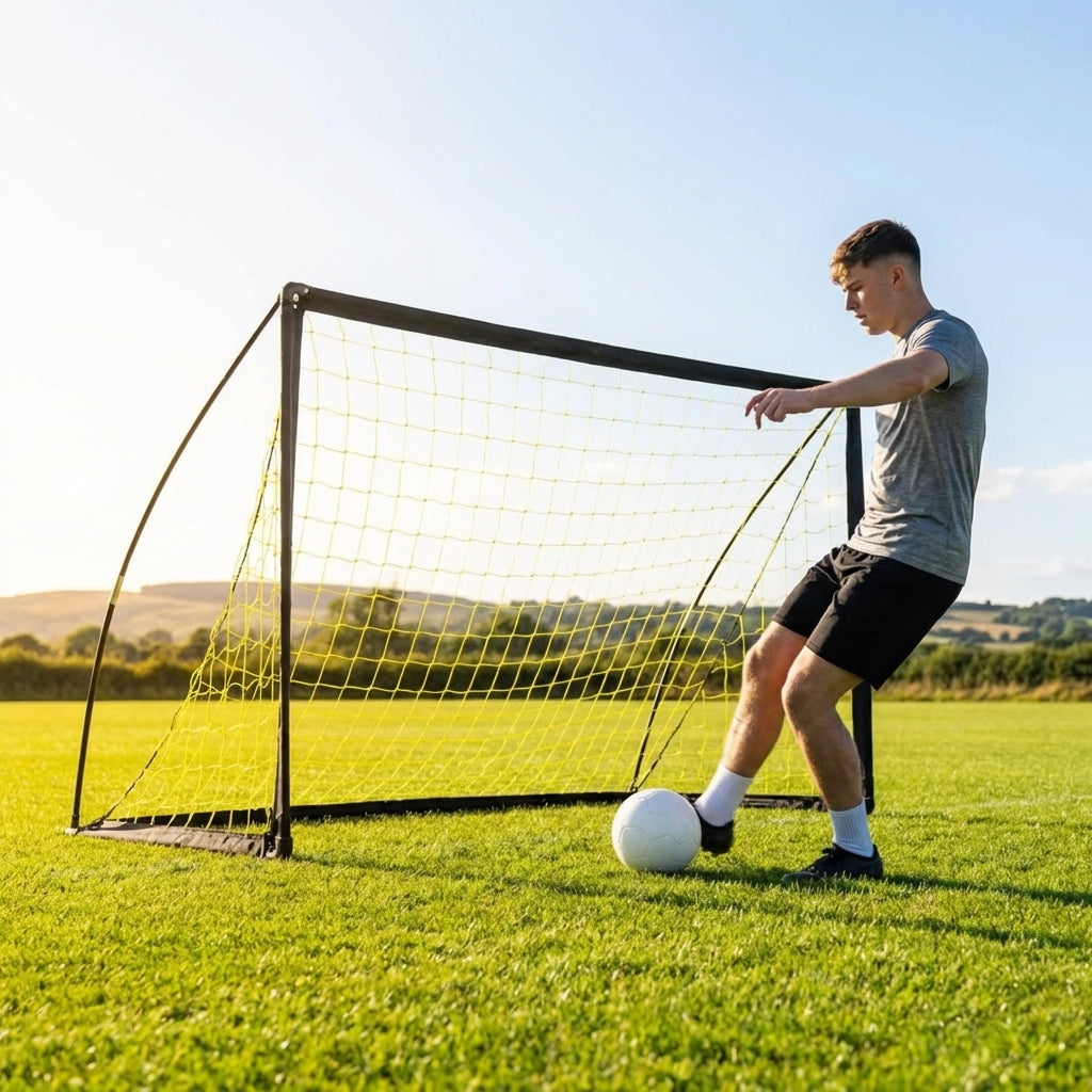 Folding football goal with aluminium frame and high-impact net