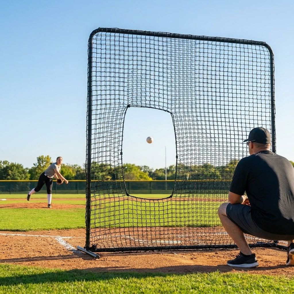 Softball pitching screen with steel frame for pitcher protection - product detail