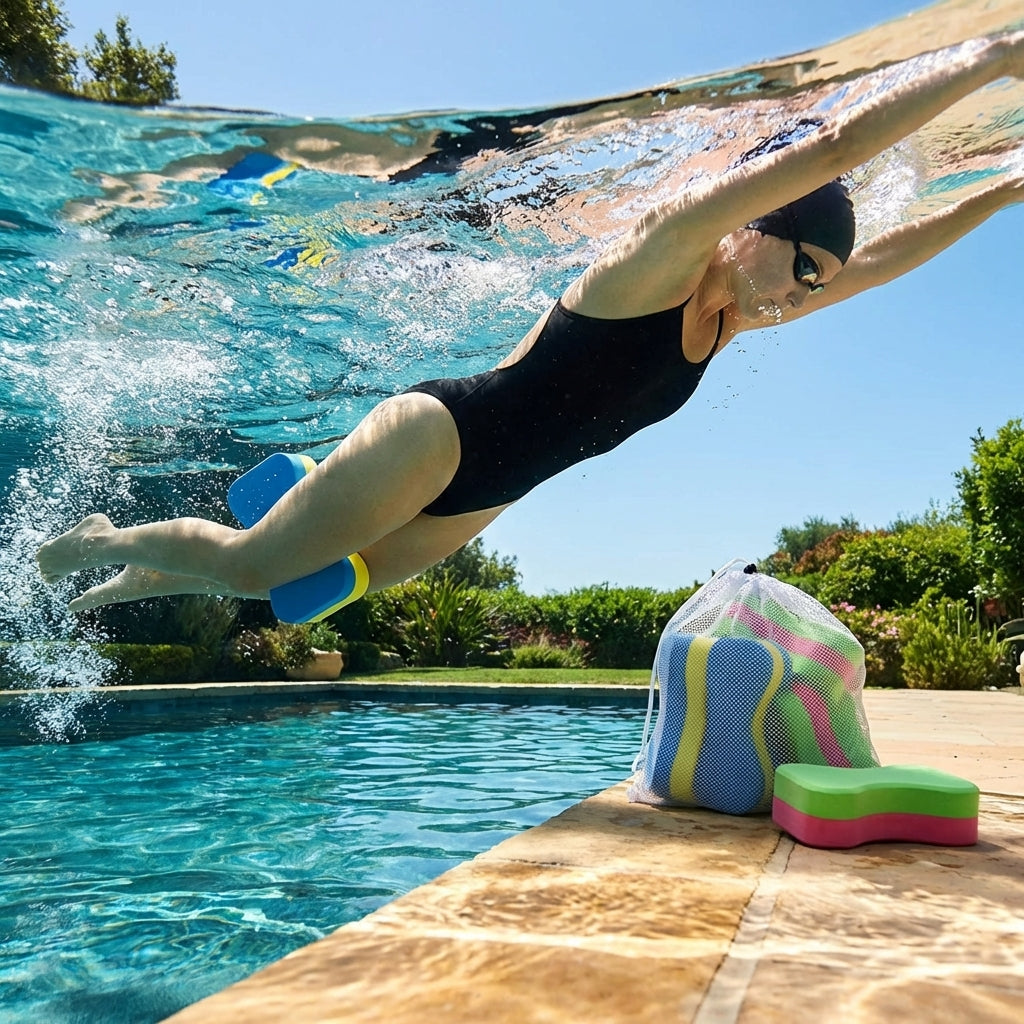 Swimming pull buoy in vibrant Green/Pink and Blue/Yellow, high-density EVA foam - product detail