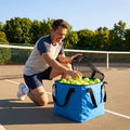 Tennis ball basket bag in black or blue, holds 150 balls, durable fabric - product detail