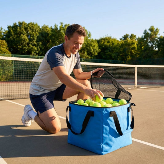Tennis ball basket bag in black or blue, holds 150 balls, durable fabric - product detail