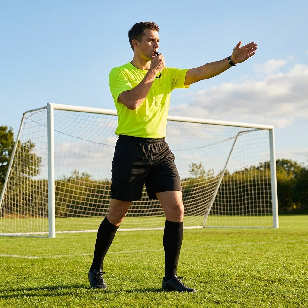 Football referee kit with fluro yellow or black shirt, shorts, and socks