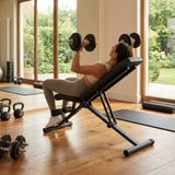 Adjustable weight bench with black steel frame and leather padding
