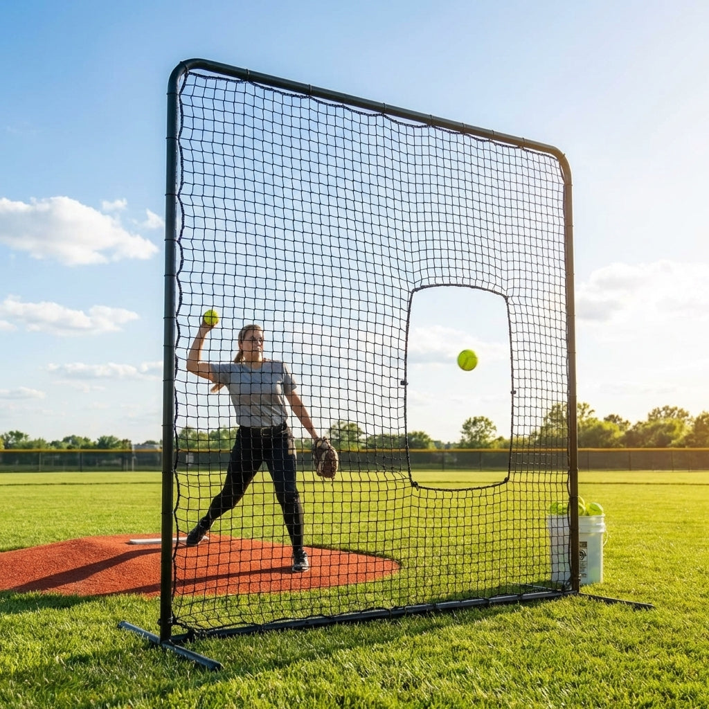 Softball pitching screen with steel frame for pitcher protection