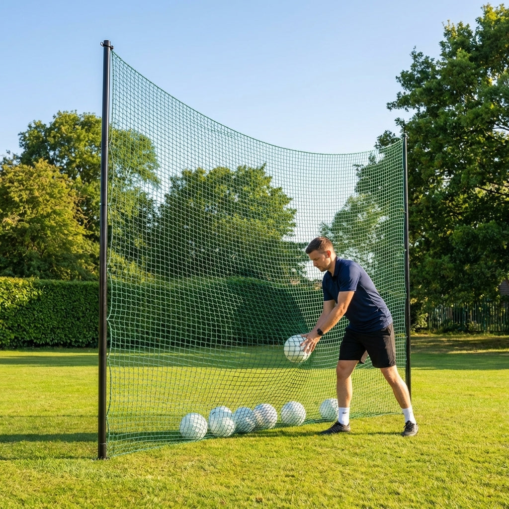 Ball stop netting system with steel posts and HDPP netting