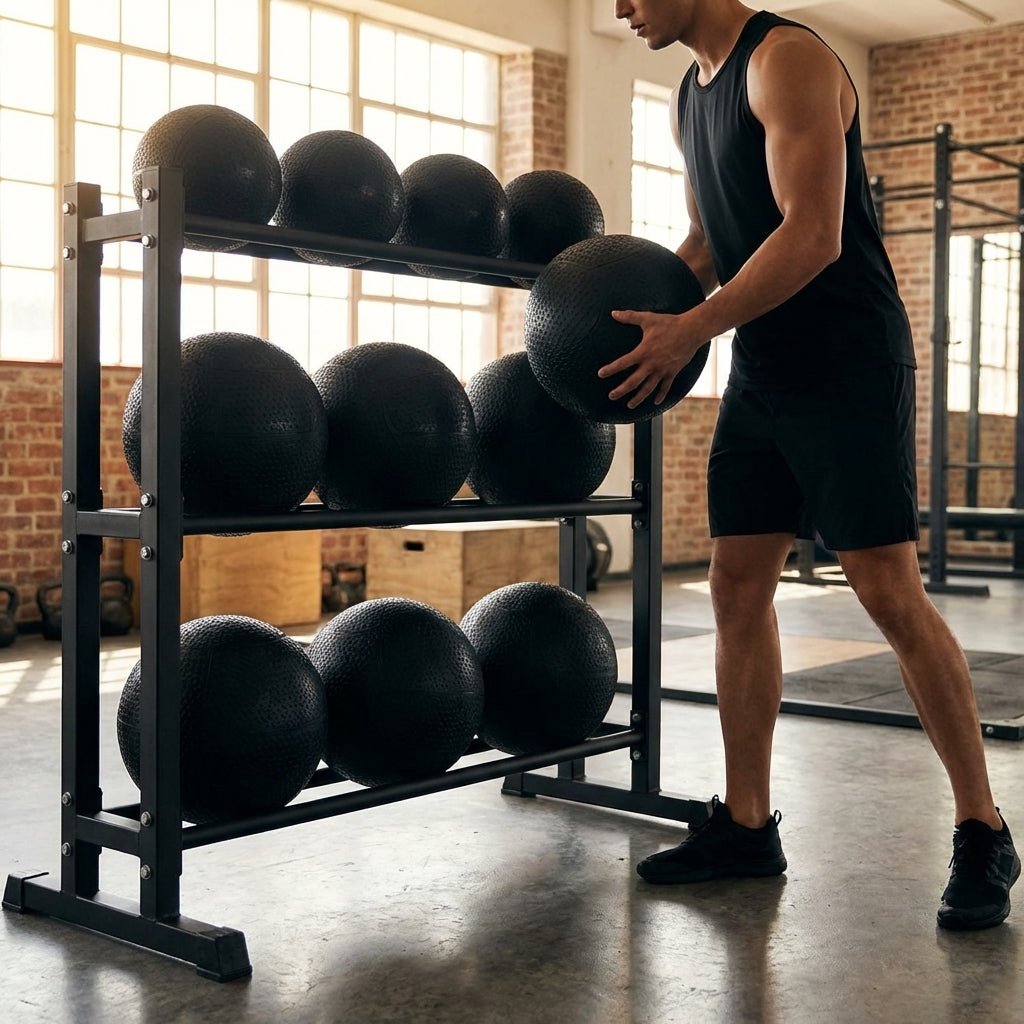Steel medicine ball storage rack for gym and studio use