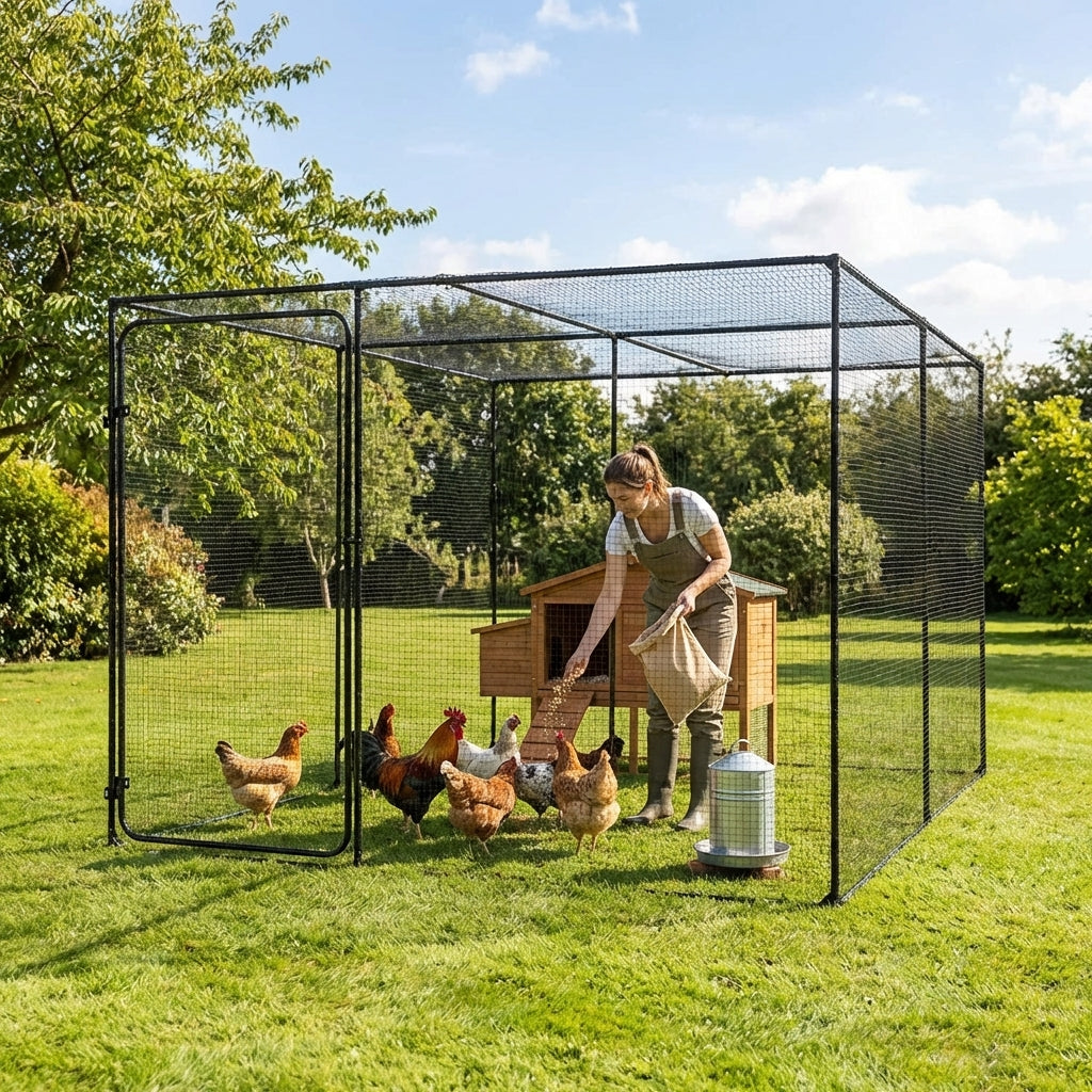 Steel animal walk-in cage in black, ideal for outdoor poultry housing