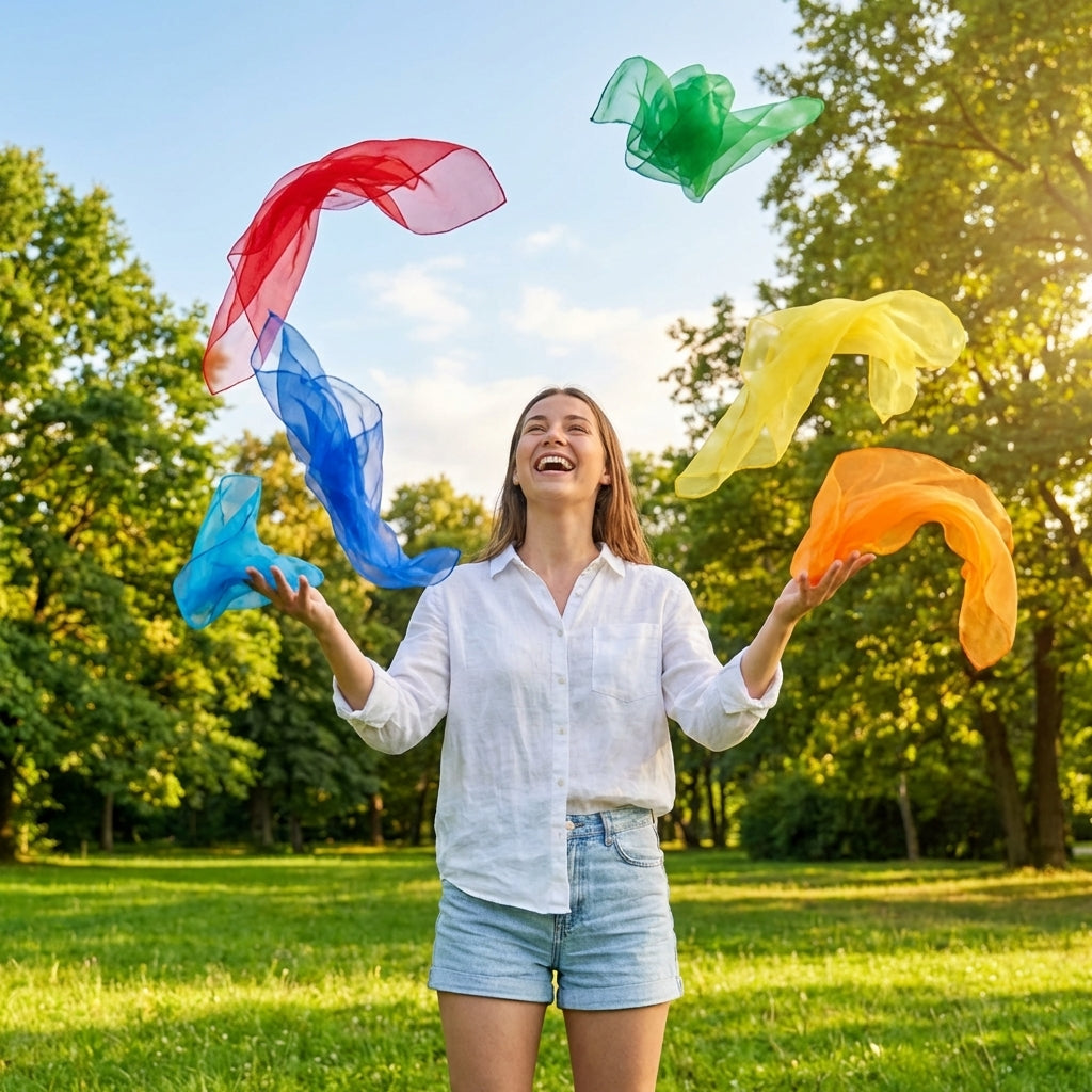 Pack of 10 colourful juggling scarves for fun and skill enhancement