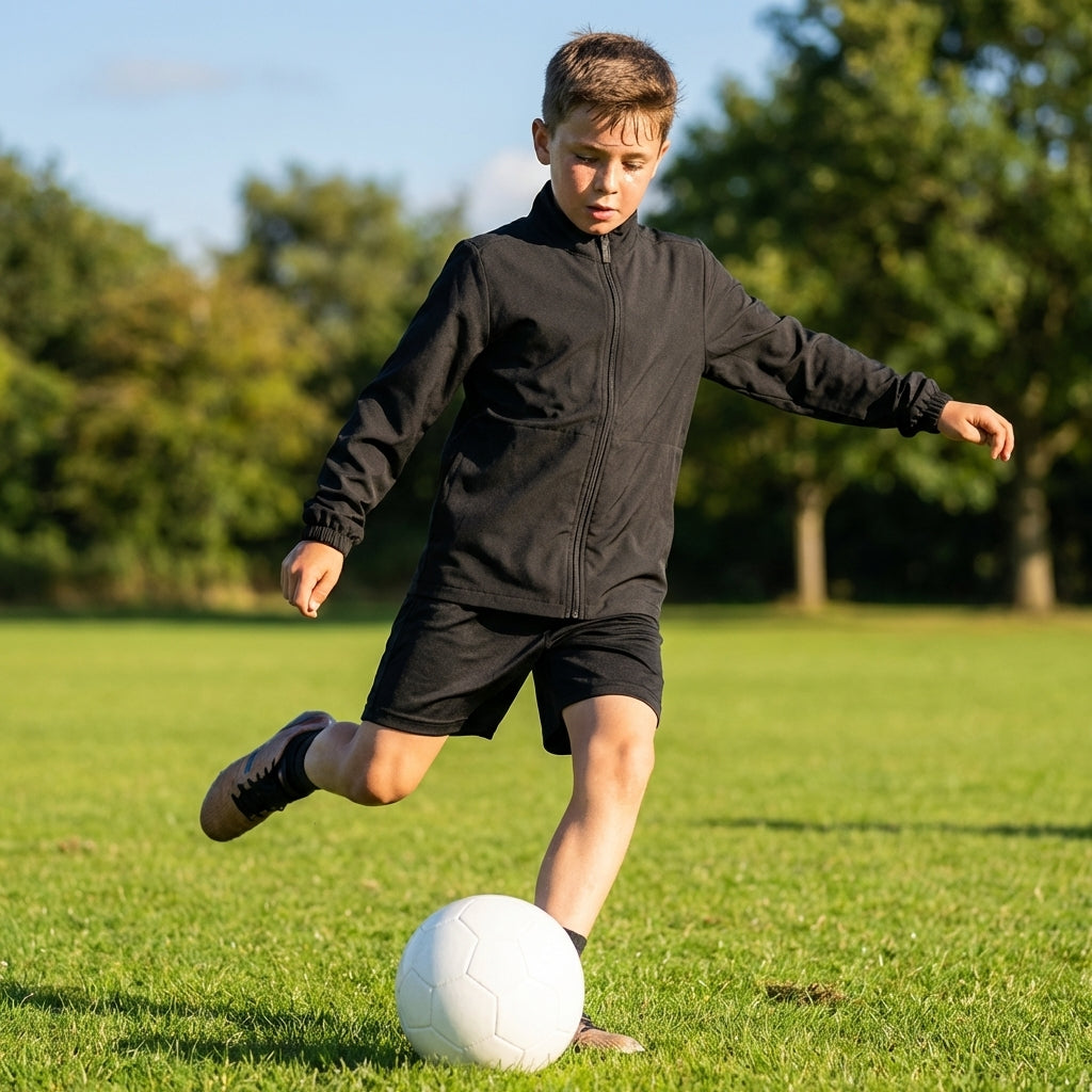 Kids' windbreaker jacket in black and navy for outdoor and sports use