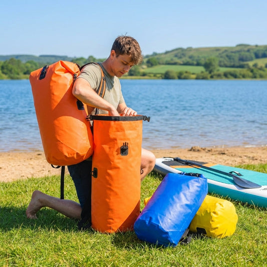 Waterproof dry bag rucksack, 10L capacity in orange, ideal for outdoor sports