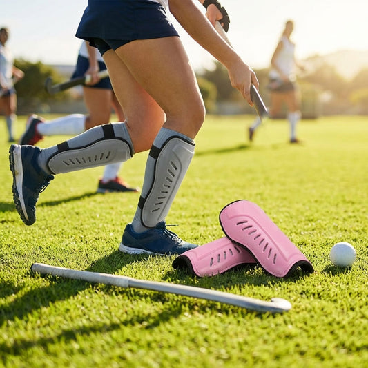 Hockey shin pads with polypropylene shell and EVA foam lining for field protection - product detail