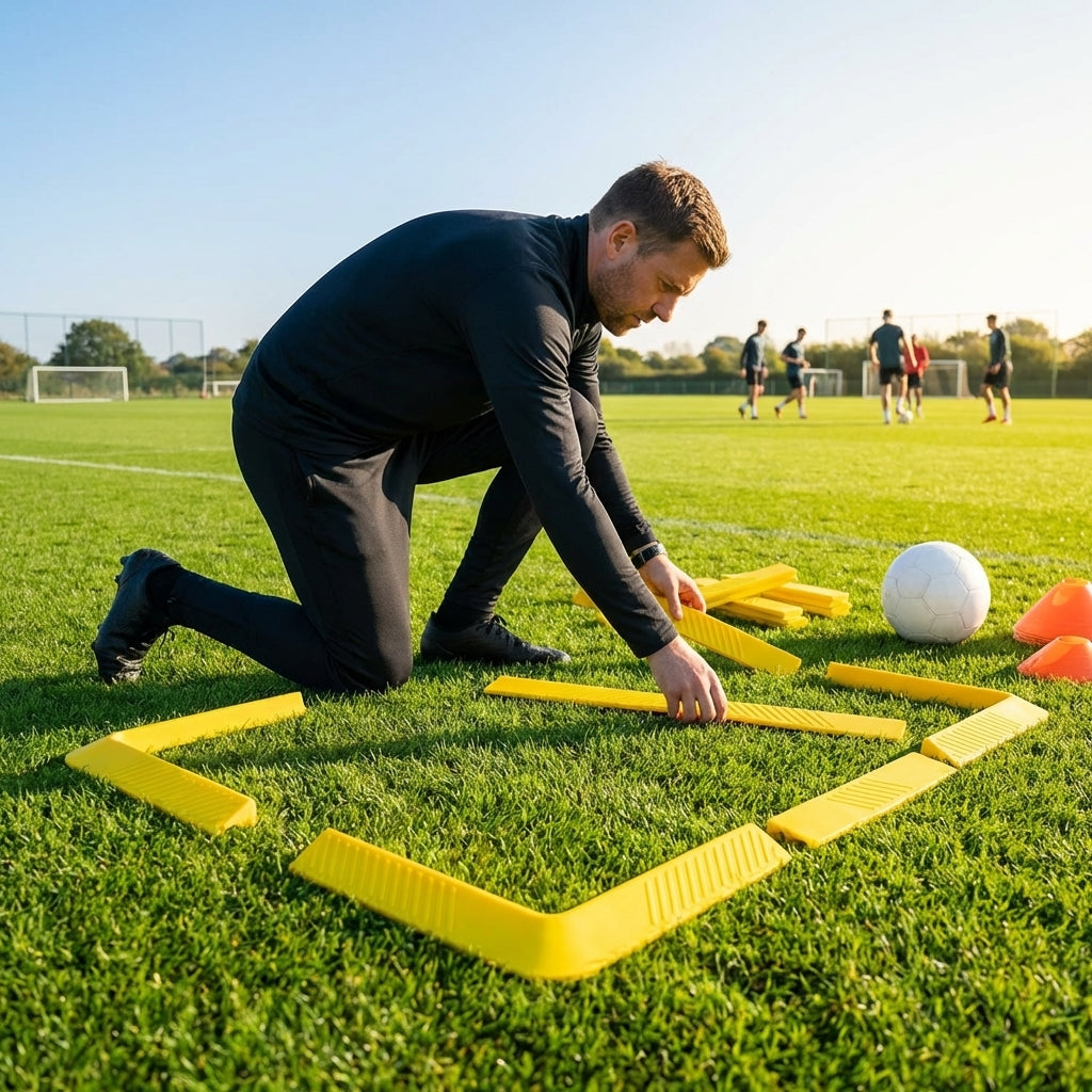 Football training marker lines made of flexible rubber in fluro yellow