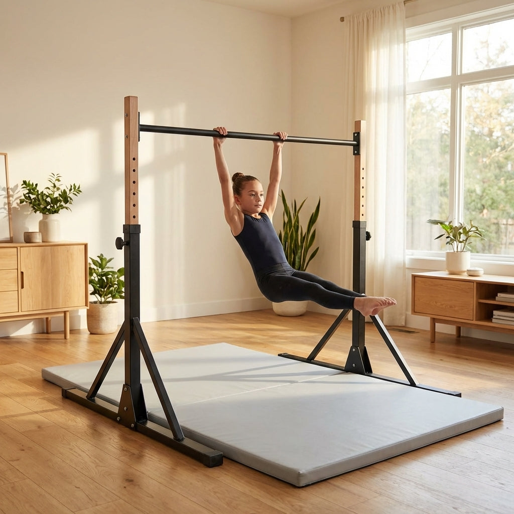 Adjustable gymnastics training bar with steel and beech construction