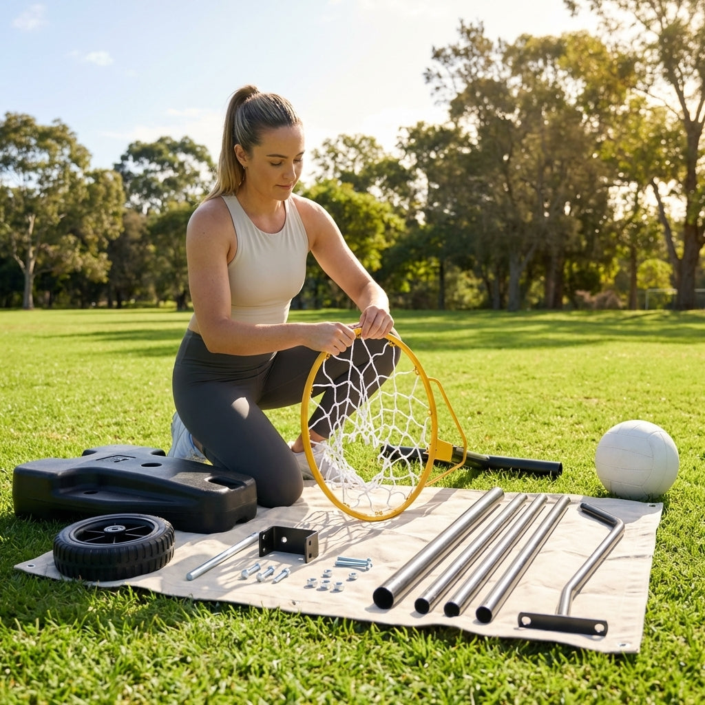 Replacement parts for netball post, including hoops, nets, and wheels - product detail