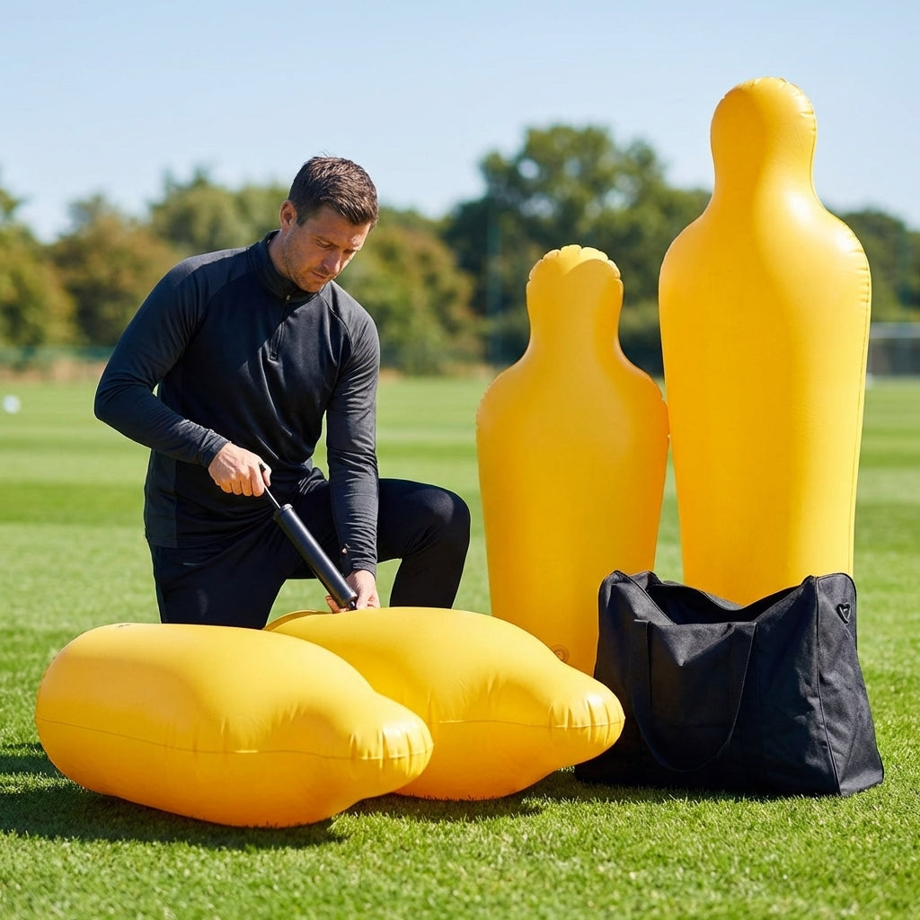 Inflatable football mannequins available in multiple sizes for training use