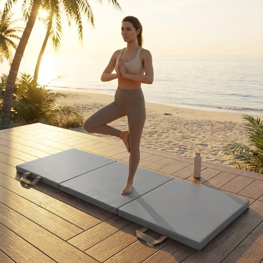 Tri-Folding Yoga Mat in Blue with PU Leather and PE Cotton
