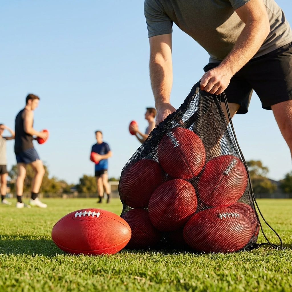 AFL training balls with carry bag, available in sizes 3, 4, and 5
