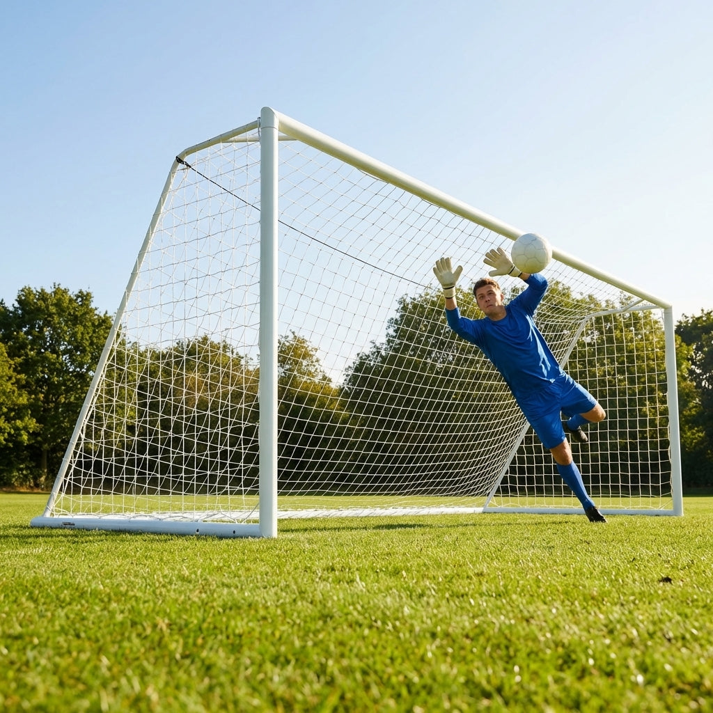 Steel football goal with galvanised steel frame for outdoor use