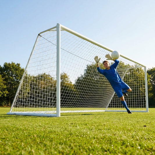 Steel football goal with galvanised steel frame for outdoor use