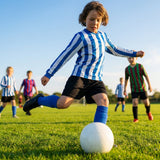 Kids' football kit with striped long sleeve shirt, shorts, and knee-high socks - product detail
