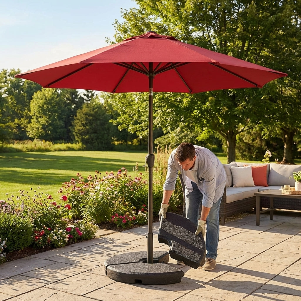 Durable parasol base weights for garden use, available in various sizes and materials