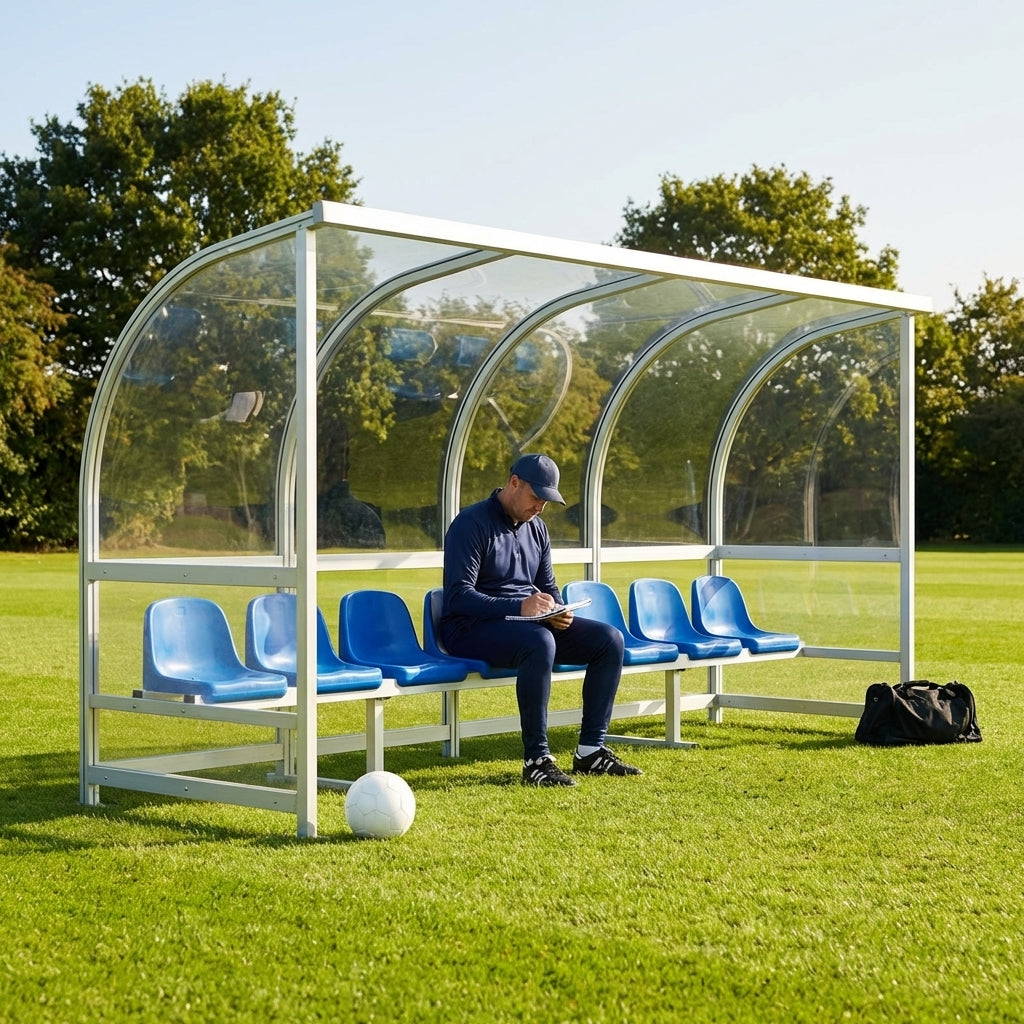Fixed team shelter with aluminium frame and polycarbonate panels for sports