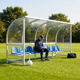 Fixed team shelter with aluminium frame and polycarbonate panels for sports