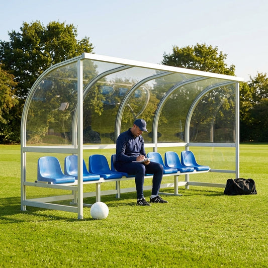 Fixed team shelter with aluminium frame and polycarbonate panels for sports
