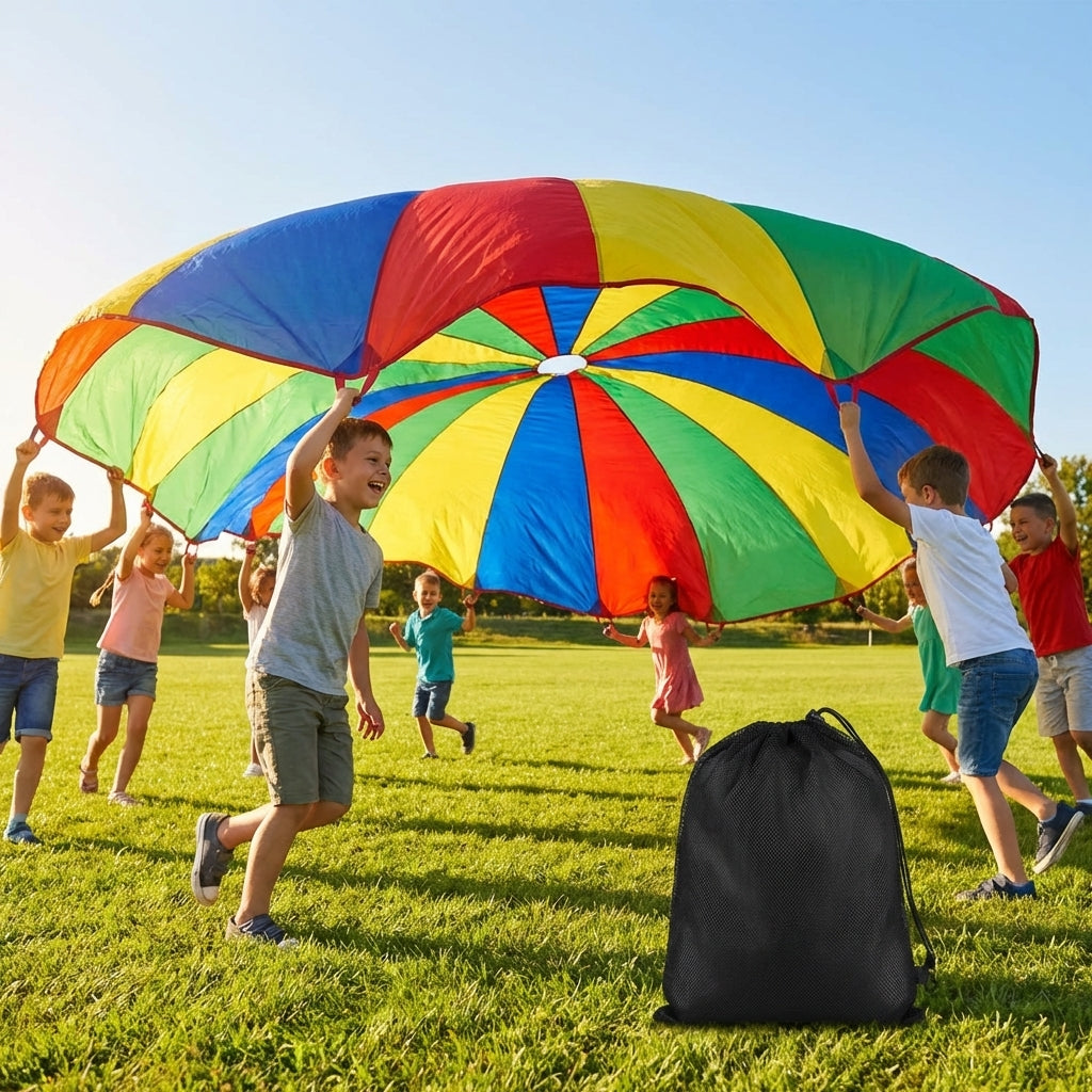 Colourful kids parachute with handles for indoor and outdoor games