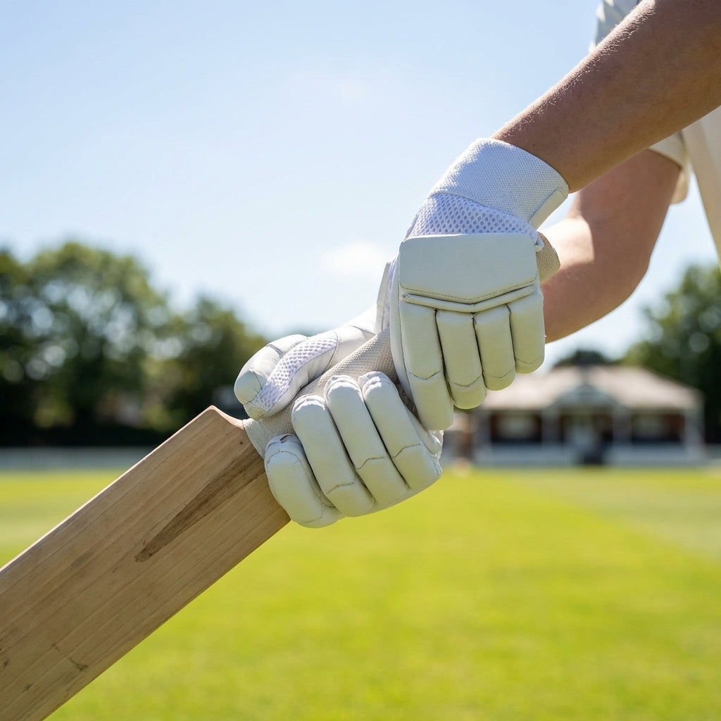 Junior cricket batting gloves with leather palm and mesh ventilation