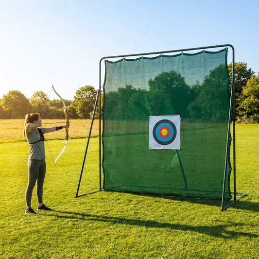 Archery netting stop system with steel frame and polyester mesh