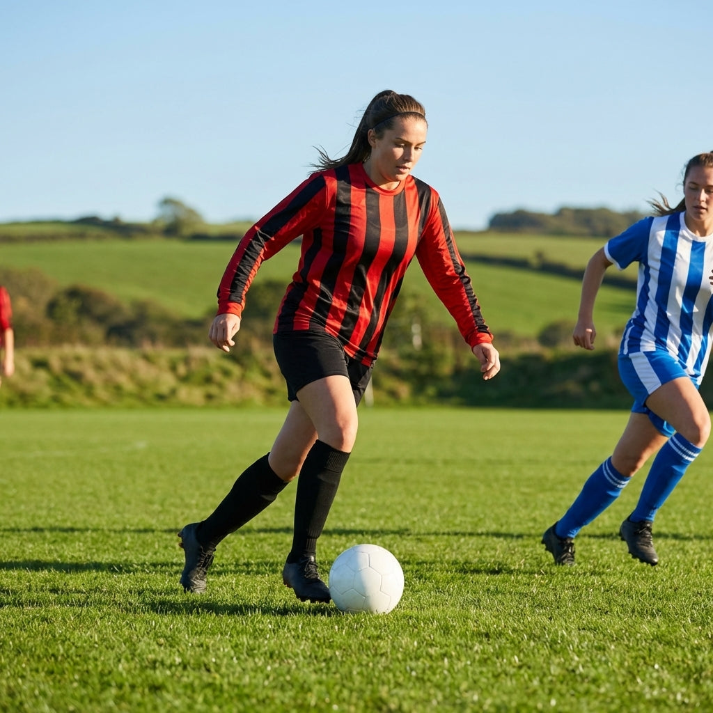 Women's football kit with long-sleeved striped shirt, shorts, and knee-high socks