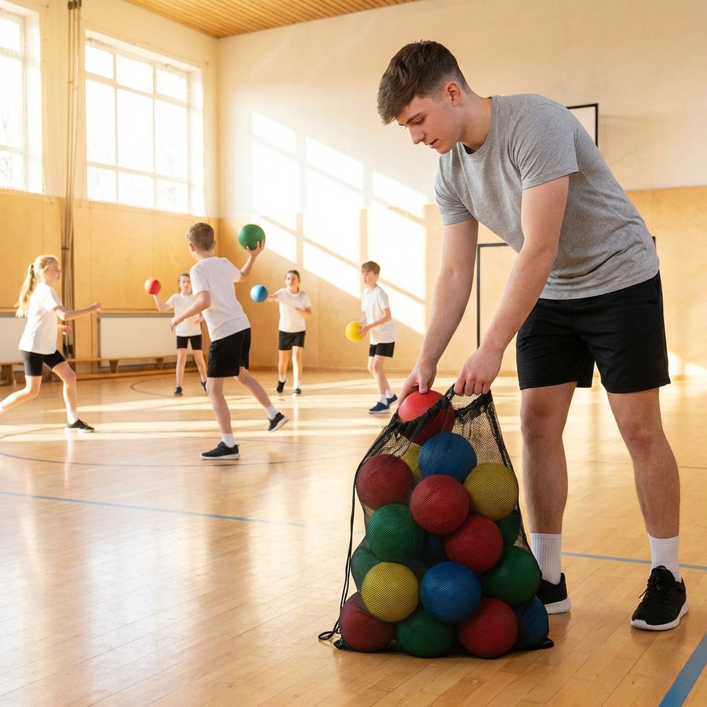 Set of 12 foam dodgeballs in assorted colours with a mesh carry bag