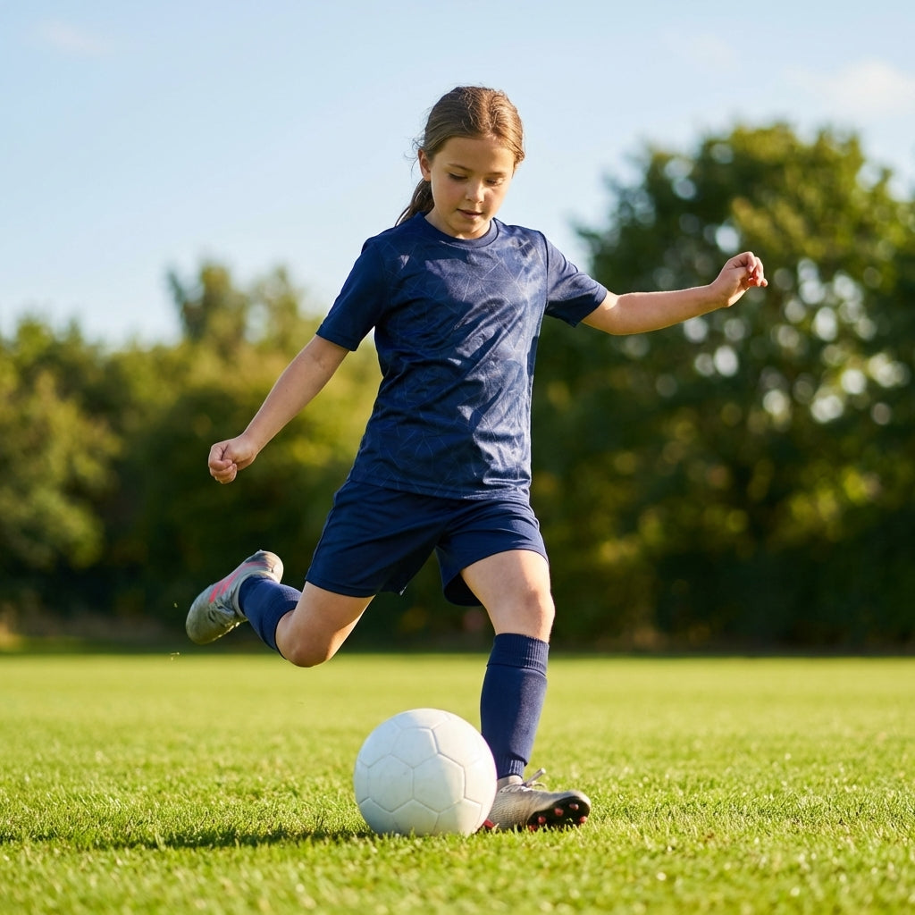Junior navy blue football shirt with geometric print for training