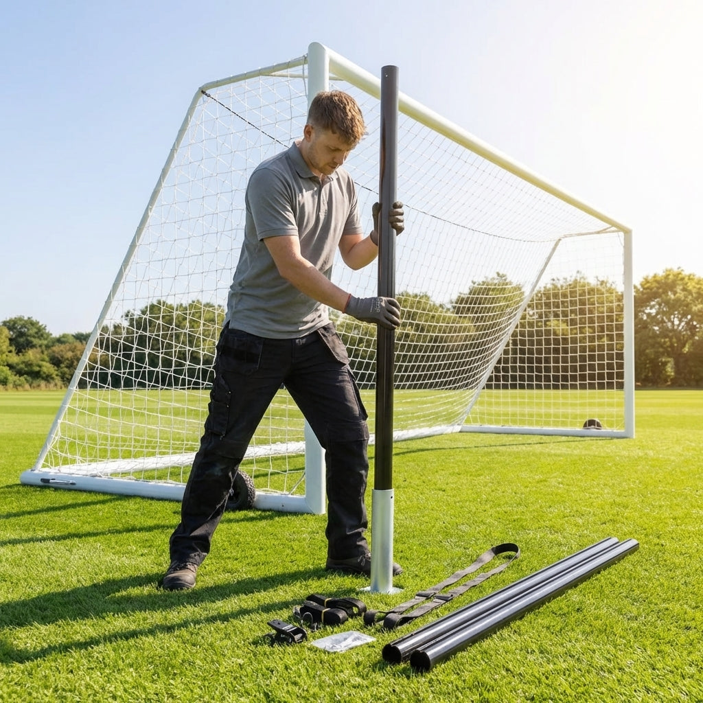 Steel net support stanchions for stadium football goals