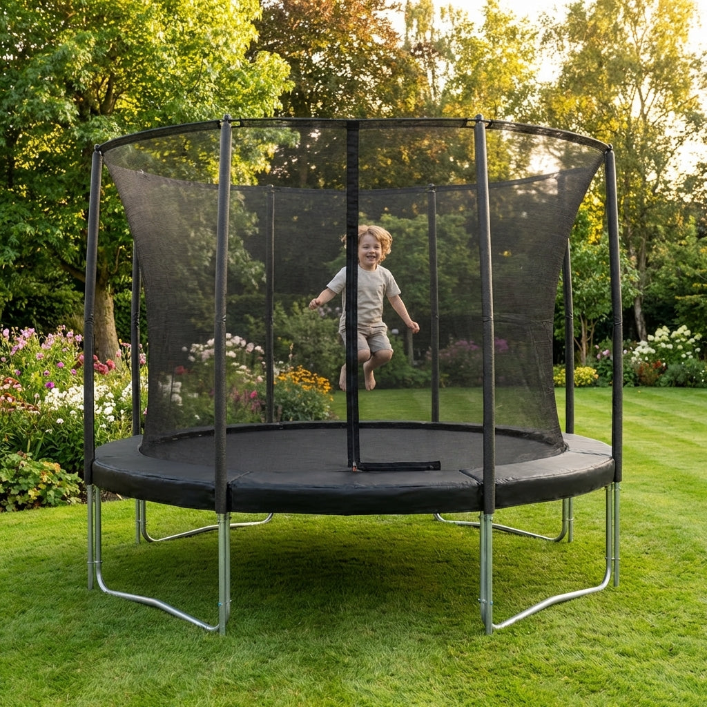 Garden trampoline with enclosure net, ideal for outdoor fun