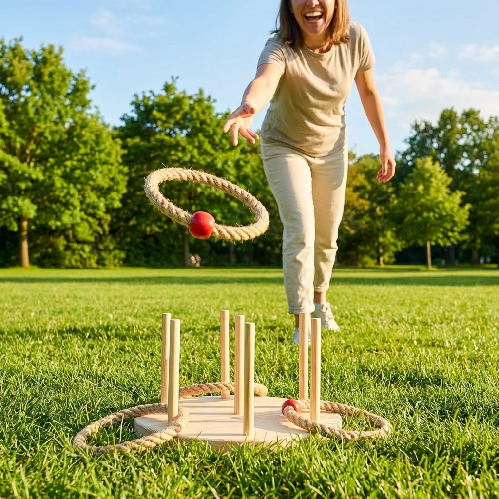 Giant Quoits Game Set made from pine wood with colourful scoring markers - product detail