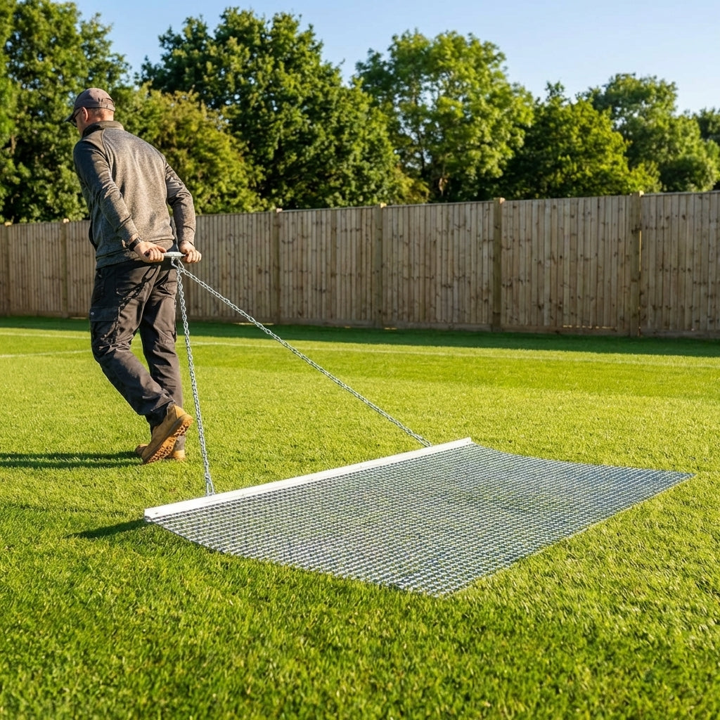 Steel drag mat on a sports field, showcasing its robust design for field maintenance