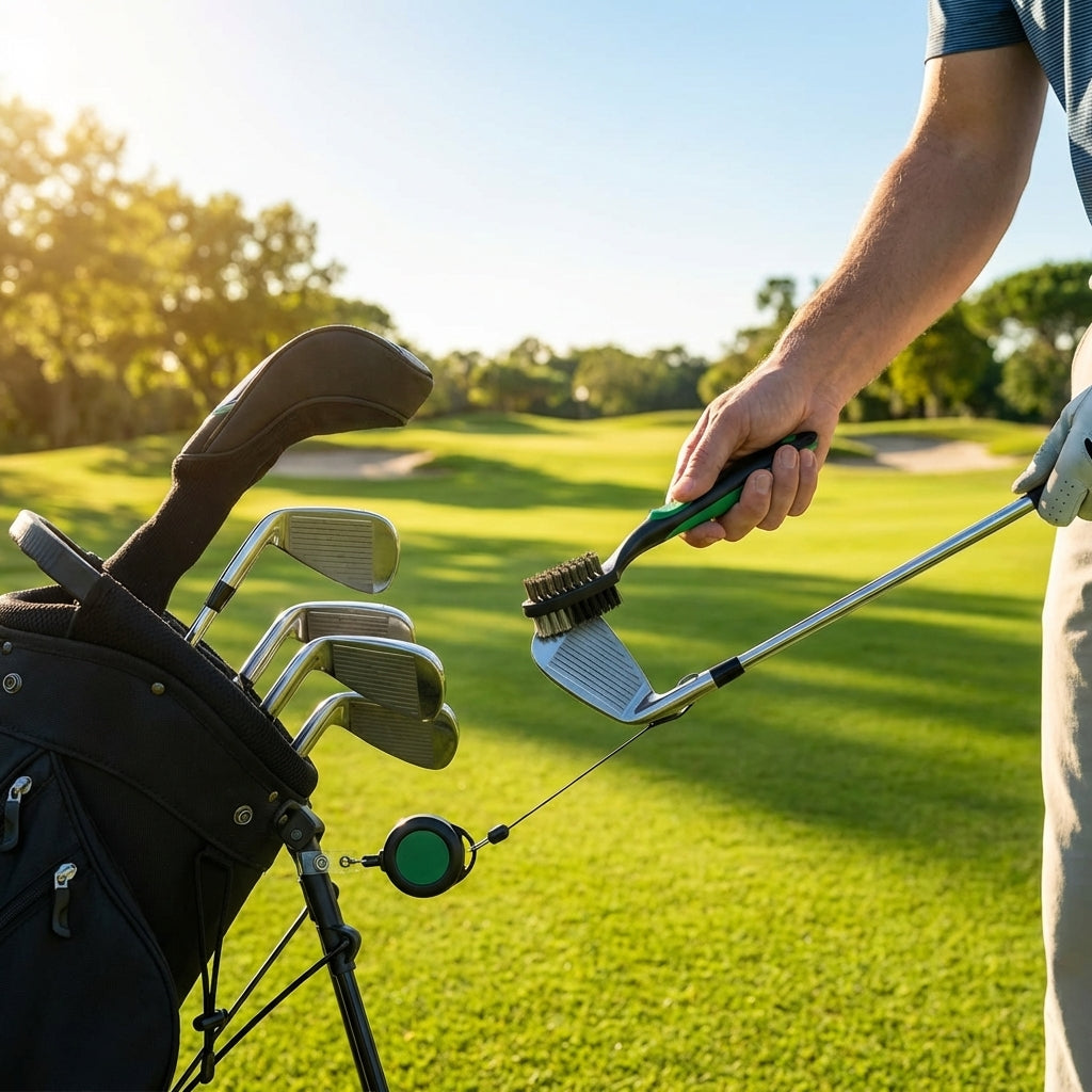 Compact golf club cleaning brush with nylon and metal bristles - product detail