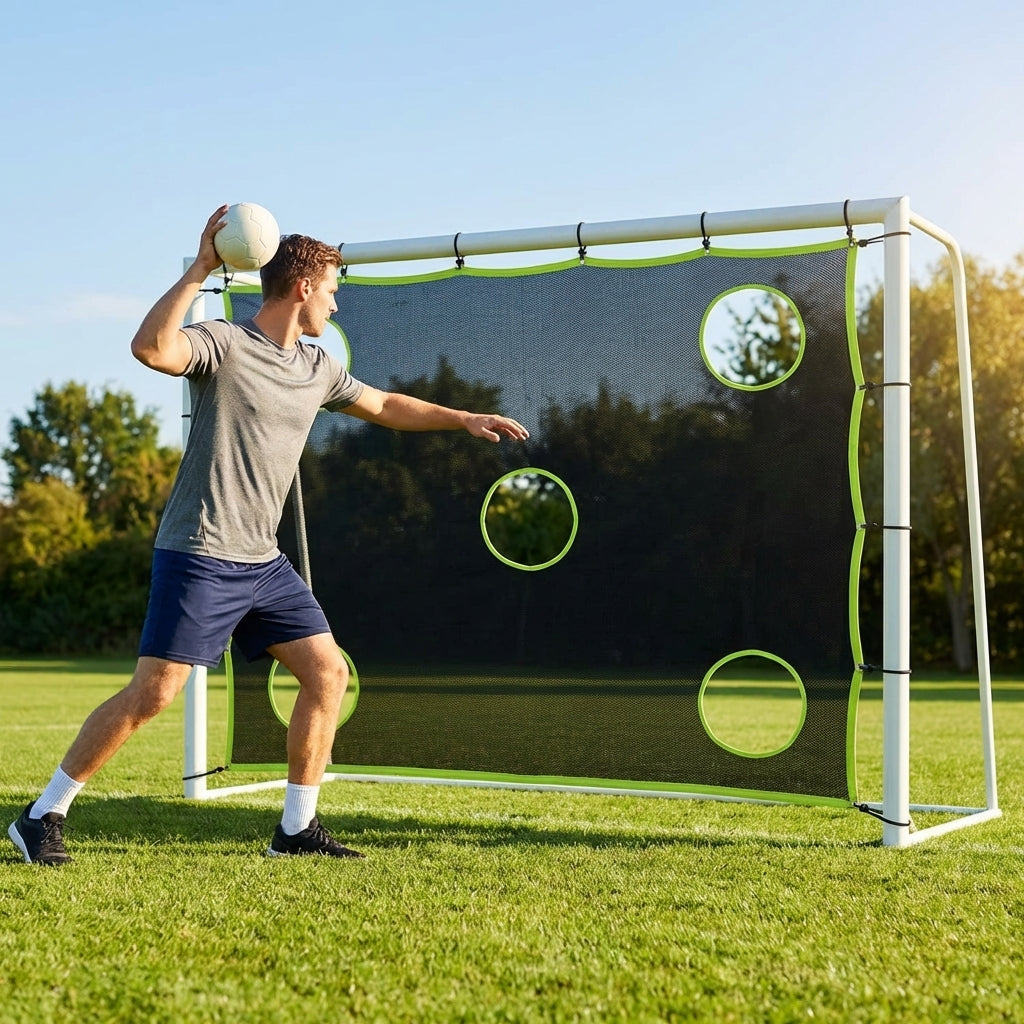 Handball target sheet with eight target holes, 3m x 2m, weatherproof mesh