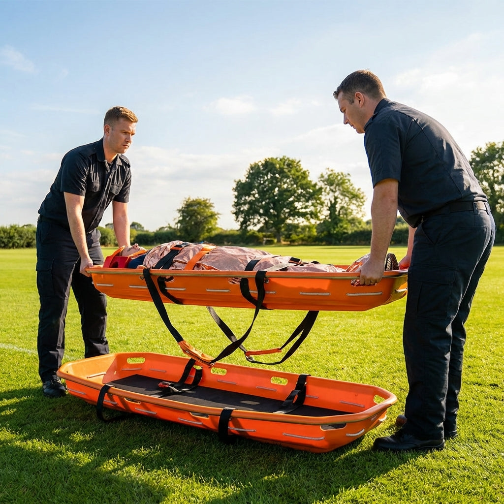 Basket stretcher in orange with stainless steel frame for emergency rescues