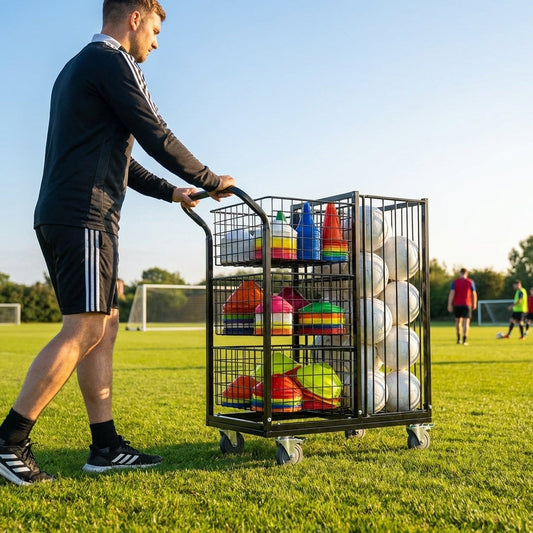 Sports Equipment Storage Trolley with mesh baskets and wheels - product detail