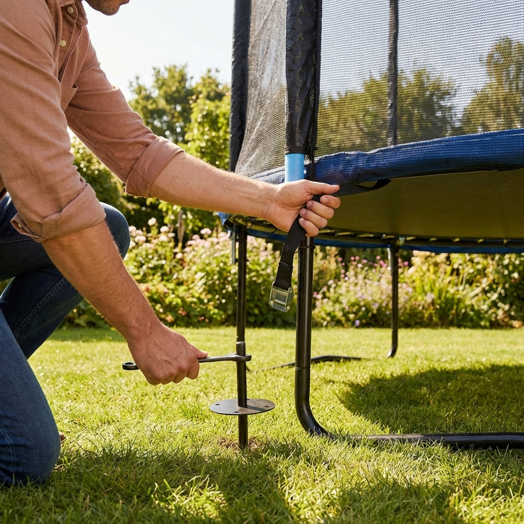 Trampoline anchor kits with steel anchors for outdoor use