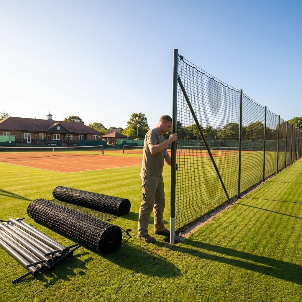 Removable tennis court surround system with steel posts and HDPP netting - product detail