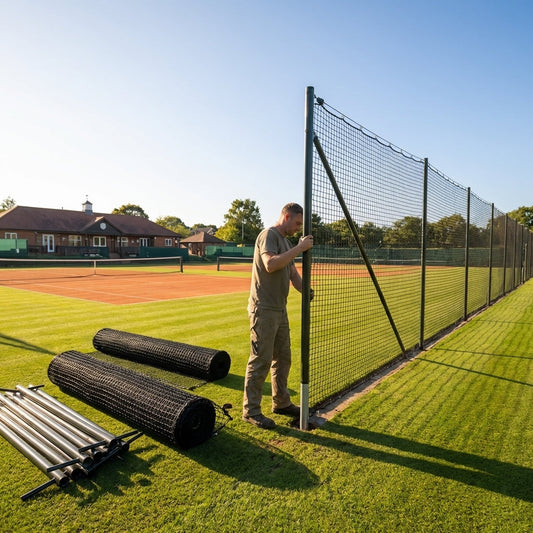 Removable tennis court surround system with steel posts and HDPP netting - product detail