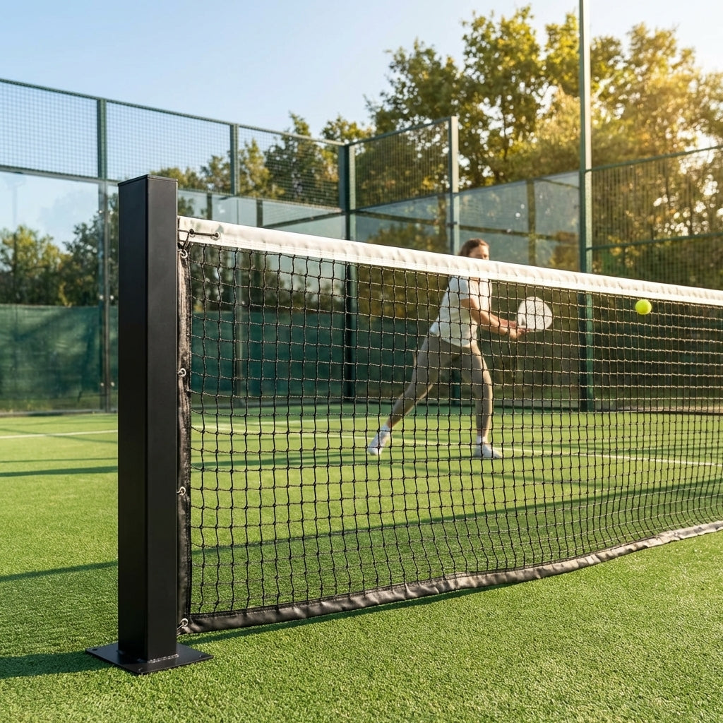 Heavy-duty padel tennis posts in black, ideal for competitive courts