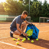 Tennis ball basket bag in black or blue, holds 150 balls, durable fabric