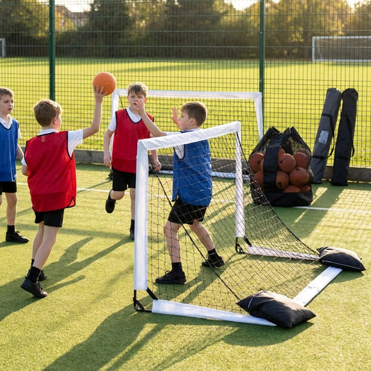 Handball goal and ball pack for primary schools, featuring junior goals and foam balls in assorted colours - product detail