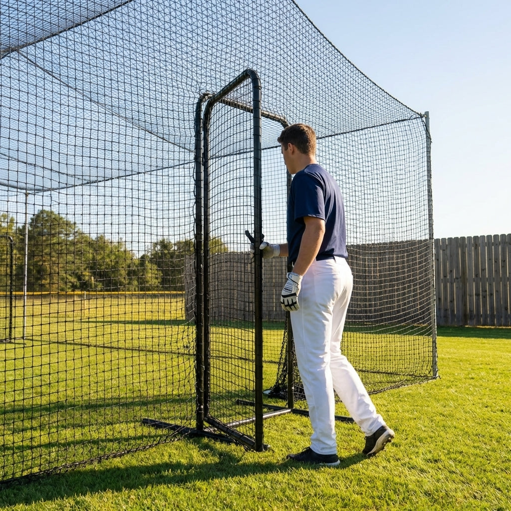 Durable steel batting cage door for cricket and baseball nets