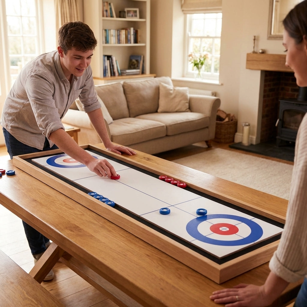 Tabletop curling and shuffleboard game set with wooden board and steel discs